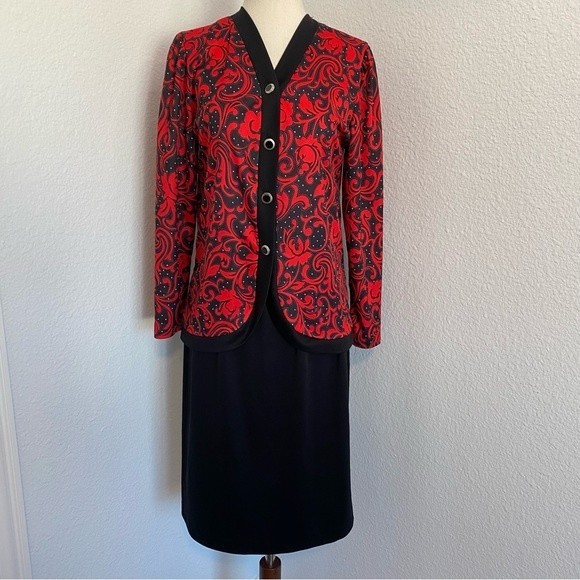 Blair 2 Piece Jacket Skirt Black Red Silver Floral Abstract Career Evening SZ 6P - Picture 1 of 12